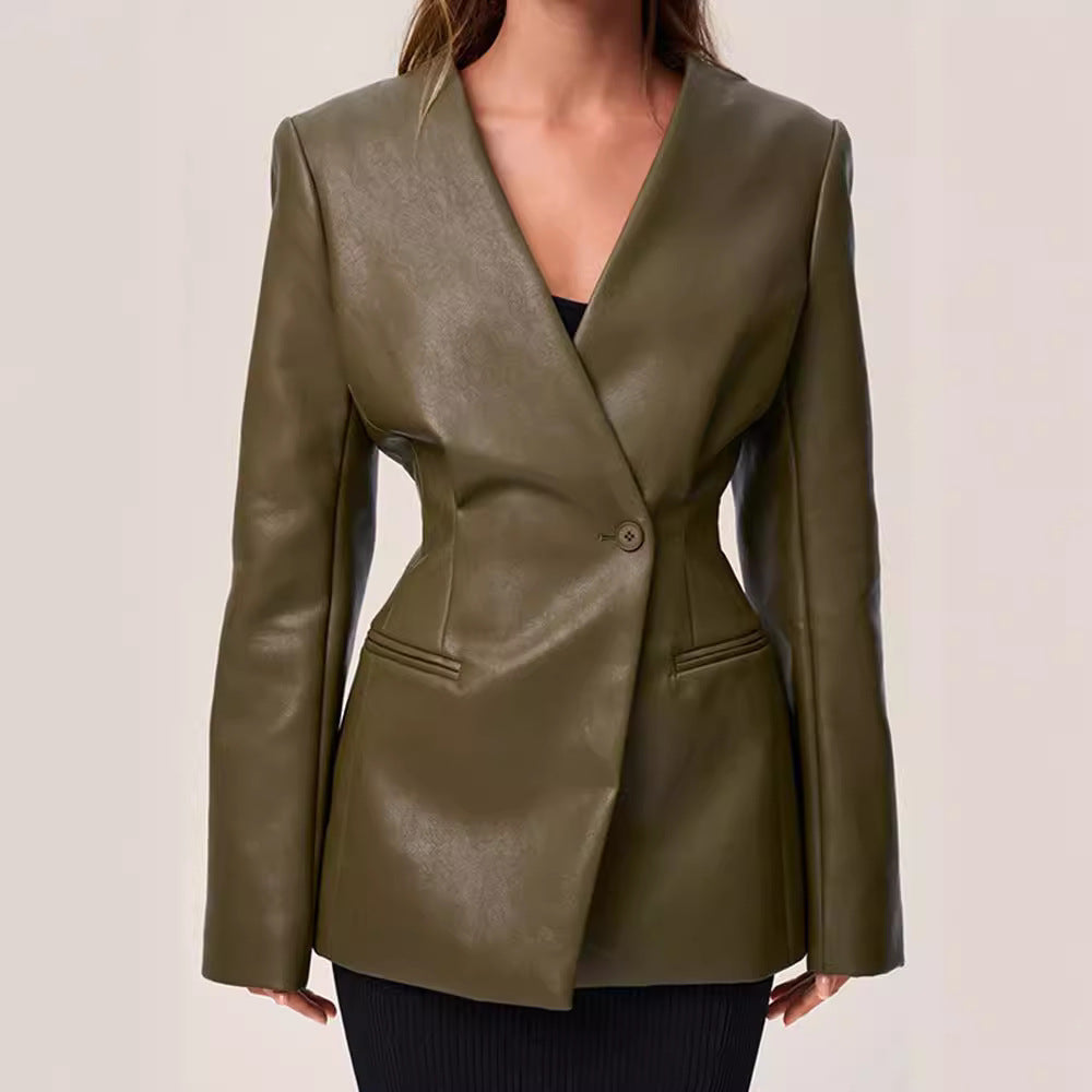 Blazer Élégant à Col V en Cuir