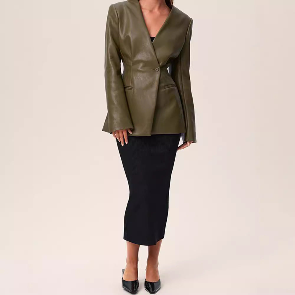 Blazer Élégant à Col V en Cuir