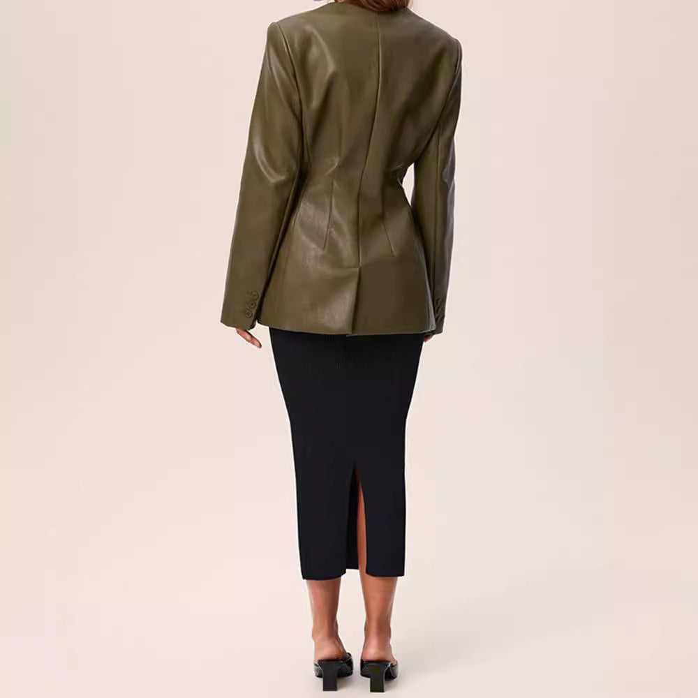 Blazer Élégant à Col V en Cuir