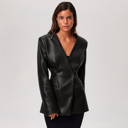 Blazer Élégant à Col V en Cuir